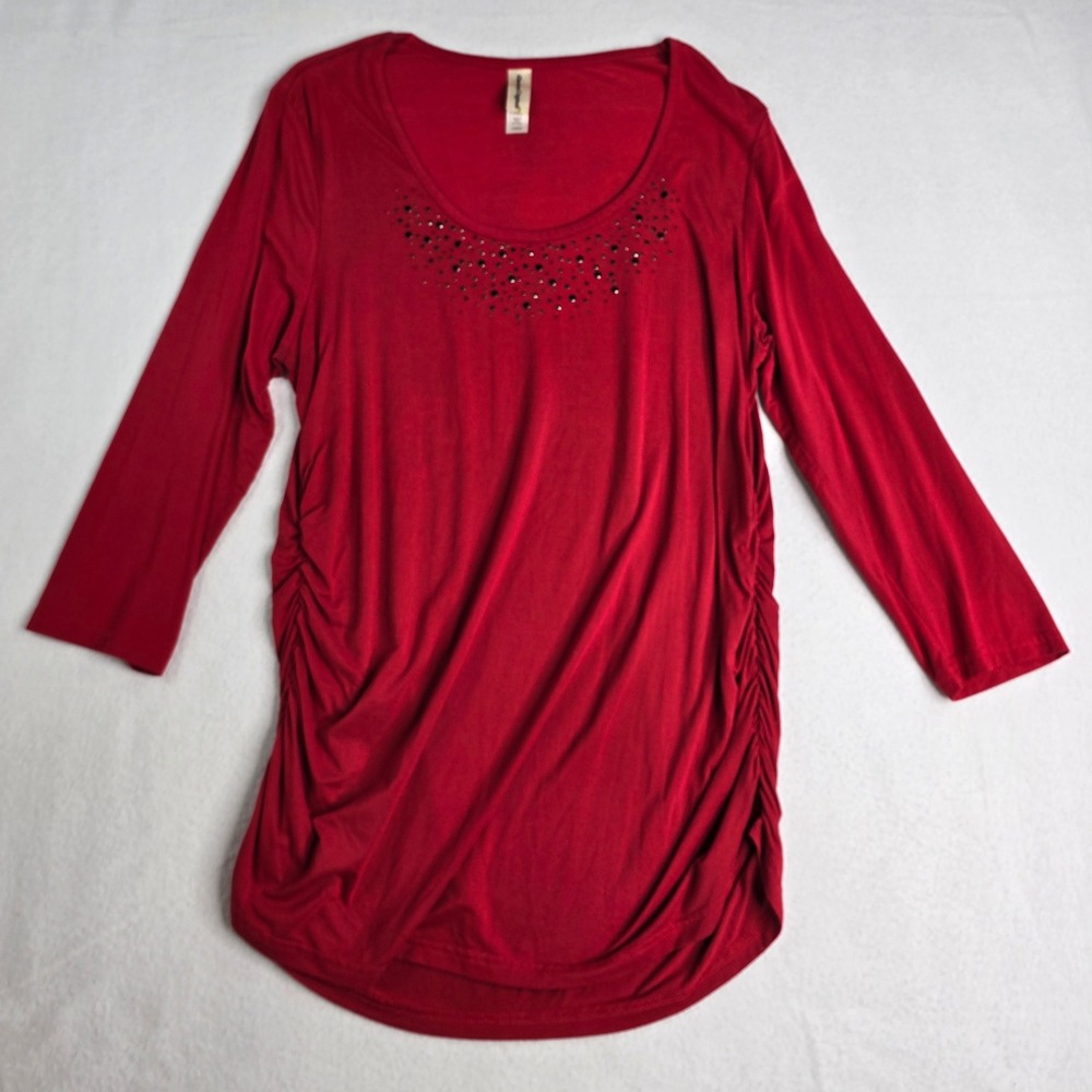 Decorated‎ Originals Red Rhinestone 3/4 Sleeve Tunic Top ruched sides Tunic
